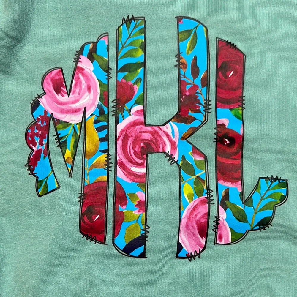 EUC Rabbit skins sage green floral monogrammed pullover sweatshirt MKL